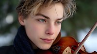 Young Caucasian male musician with tousled hair holding violin against winter background, soft bokeh lighting creates dreamy atmosphere for arts and music concepts.