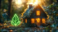 Cozy cottage with glowing windows and neon green leaf sign in magical forest setting at dusk, warm light and bokeh effects create fairy tale atmosphere.