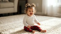 Happy toddler girl with curly hair in white top and plaid pants sitting on carpet laughing joyfully in bright living room for family lifestyle content.