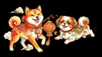Festive dogs in traditional Chinese New Year outfits with red lantern, isolated on transparent background, for stickers, t-shirt design, and print on demand.