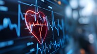 Heart rate monitor display showing red heart symbol and blue ECG wave pattern on dark background. Medical technology visualization for healthcare monitoring.