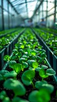 Fresh green seedlings growing in greenhouse nursery trays with shallow depth of field for sustainable agriculture and organic farming concepts.