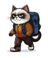 Grumpy Siamese cat character wearing hiking outfit with backpack and boots, standing upright in cartoon style. Isolated illustration for merchandise and design projects.