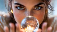 Young woman with freckles and striking green eyes holds crystal ball with magical glowing light inside, creating mystical fortune telling atmosphere against blurred background.