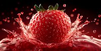 Fresh ripe strawberry splashing into red juice with water droplets against dark background, creating dynamic food motion effect.