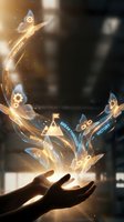 Hands releasing glowing butterflies with motivational words like breakthrough, victory, inspiration in magical light effects for personal development concepts.