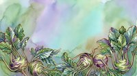 Watercolor kohlrabi and turnips with purple foliage arranged on soft pastel background, suitable for organic food packaging, culinary illustrations, and garden-themed designs.