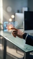 Male hand in business attire selecting glowing digital communication icons including phone, email, and chat symbols floating above modern office desk with blurred background for contact and messaging concepts.