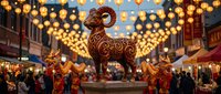 Bronze ram sculpture with ornate patterns displayed at festive market with golden lights and holiday decorations creating warm celebratory atmosphere.