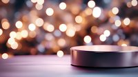 Minimalist metallic platform on dark surface against blurred warm bokeh lights background creates modern luxury atmosphere for product display presentation.