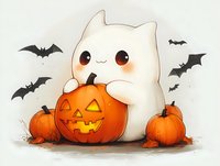 Adorable white ghost character hugging carved jack-o-lantern pumpkin surrounded by flying bats and autumn pumpkins for Halloween celebration.