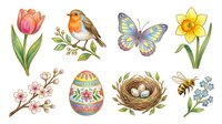 Spring garden collection with tulip, robin, butterfly, daffodil, cherry blossoms, decorated egg, bird nest and bumblebee isolated on white background for seasonal designs and crafts.