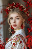 Young woman with red berry crown wearing traditional embroidered white costume surrounded by vibrant red berries for seasonal portrait photography.