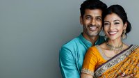 Smiling South Asian couple in traditional Indian attire, woman wearing orange sari with embellishments and jewelry, man in turquoise kurta against gray background.