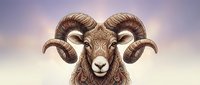Majestic ram head with ornate curved horns and intricate decorative patterns against soft gradient background for spiritual and mystical design projects.