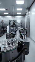 Modern pharmaceutical manufacturing facility with automated glass bottle filling line conveyor system in sterile cleanroom environment for drug production.