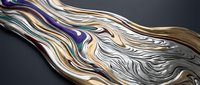 Abstract flowing liquid metal waves with golden bronze and purple gradients creating dynamic sculptural forms on dark background.