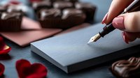 Hand writing romantic message with fountain pen on dark paper surrounded by heart-shaped chocolates and rose petals for Valentine's Day celebration.