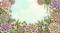 Succulent plants and flowering botanical elements frame a light mint background with decorative skulls, creating a whimsical garden border design suitable for invitations, posters, and creative projects.