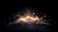 Magical glowing dust explosion with golden sparkles and particles on dark background creates mystical atmospheric effect for fantasy designs.