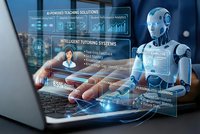 AI robot tutor with holographic interface displays personalized learning analytics and teaching solutions on laptop screen for education technology.