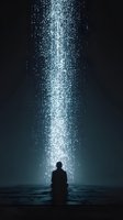 Silhouette of person meditating under cascading digital data stream with glowing particles and code matrix creating mystical atmosphere for tech concepts.