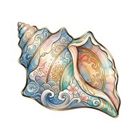 Ornate seashell with decorative swirls and pastel colors isolated on white background, ready for design projects, clipart, and merchandise applications.
