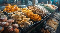 Fresh mushrooms of different varieties displayed at farmers market stall, including golden oyster, white button, and specialty fungi arranged in plastic containers.