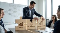 Professional businessman presenting wooden building blocks labeled sales, technology and operations to diverse team in modern conference room with strategic planning whiteboard.