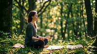 Young woman practicing mindfulness meditation in peaceful forest setting, sitting cross-legged on mat surrounded by lush green trees and natural sunlight.