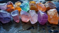 Colorful raw crystal stones in row on dark background with water drops, including amethyst, rose quartz, citrine and other minerals for spiritual practices.
