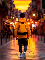 Young man in orange hoodie walking through illuminated European street at sunset with backpack, urban lifestyle and travel concept for social media content.