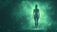 Female silhouette standing in glowing green digital space with floating data particles and circular light patterns creating futuristic technological atmosphere.