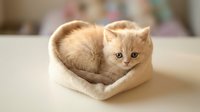 Adorable orange tabby kitten sitting in cozy beige pet bed with soft lighting. Cute domestic cat resting comfortably indoors for pet care and animal themes.