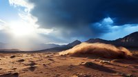 Dramatic desert landscape with sunbeams breaking through stormy clouds over sand dunes and mountain range, creating contrast between light and dark atmospheric conditions.