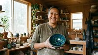 Male artisan of South Asian descent holding handcrafted ceramic bowl in rustic pottery studio workshop surrounded by clay vessels and natural light from windows.