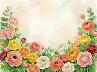 Watercolor ranunculus flowers frame with soft pastel background for wedding invitations, greeting cards and spring design projects.