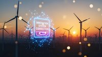 Wind turbines at sunset with digital innovation system connectivity hologram displaying futuristic renewable energy technology and smart grid concepts.