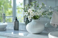 Elegant white ceramic vase with fresh cosmos flowers on marble countertop, creating serene bathroom decor with gray dispensers near window, perfect for modern interior design inspiration.