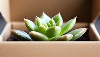 Close-up macro shot of green succulent plant with pointed leaves in terracotta pot against blurred background, showing natural minimal garden design.