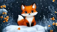 Cute baby fox sitting in snowy winter forest with orange berries and butterflies. Magical night scene with stars and glowing nature for children book illustration.