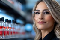 Female scientist with blonde hair and glasses examining red liquid samples in test tubes against blurred laboratory background. Professional medical research concept.