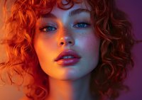 Young woman with natural red curly hair and freckles illuminated by warm orange and purple lighting, showcasing dramatic beauty makeup and intense blue eyes.