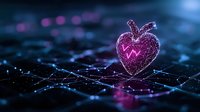 Glowing purple heart with digital network connections on dark background, heartbeat line visualization creates futuristic medical technology concept.