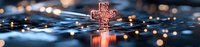 Ornate metal cross with glowing red reflection on wet surface against blurred bokeh lights background, creating spiritual atmosphere and panoramic composition.