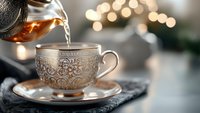 Steaming hot tea being poured into ornate porcelain teacup with vintage floral pattern against soft bokeh lights background, creating cozy atmospheric moment.