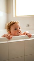 Adorable curly-haired toddler with blue eyes peeking over white bathtub edge in bright bathroom during bath time routine.
