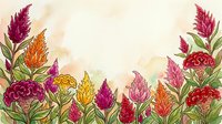 Watercolor celosia flowers border with vibrant red, pink, orange and yellow blooms on soft beige background, great for cards and prints.
