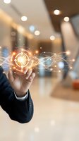 Businessman holding glowing digital energy sphere with light trails in modern office environment, representing innovation, technology, and sustainable power solutions.