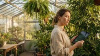Young woman botanist reading book in greenhouse surrounded by lush green plants and ferns. Professional researcher studying plant science in botanical garden conservatory.